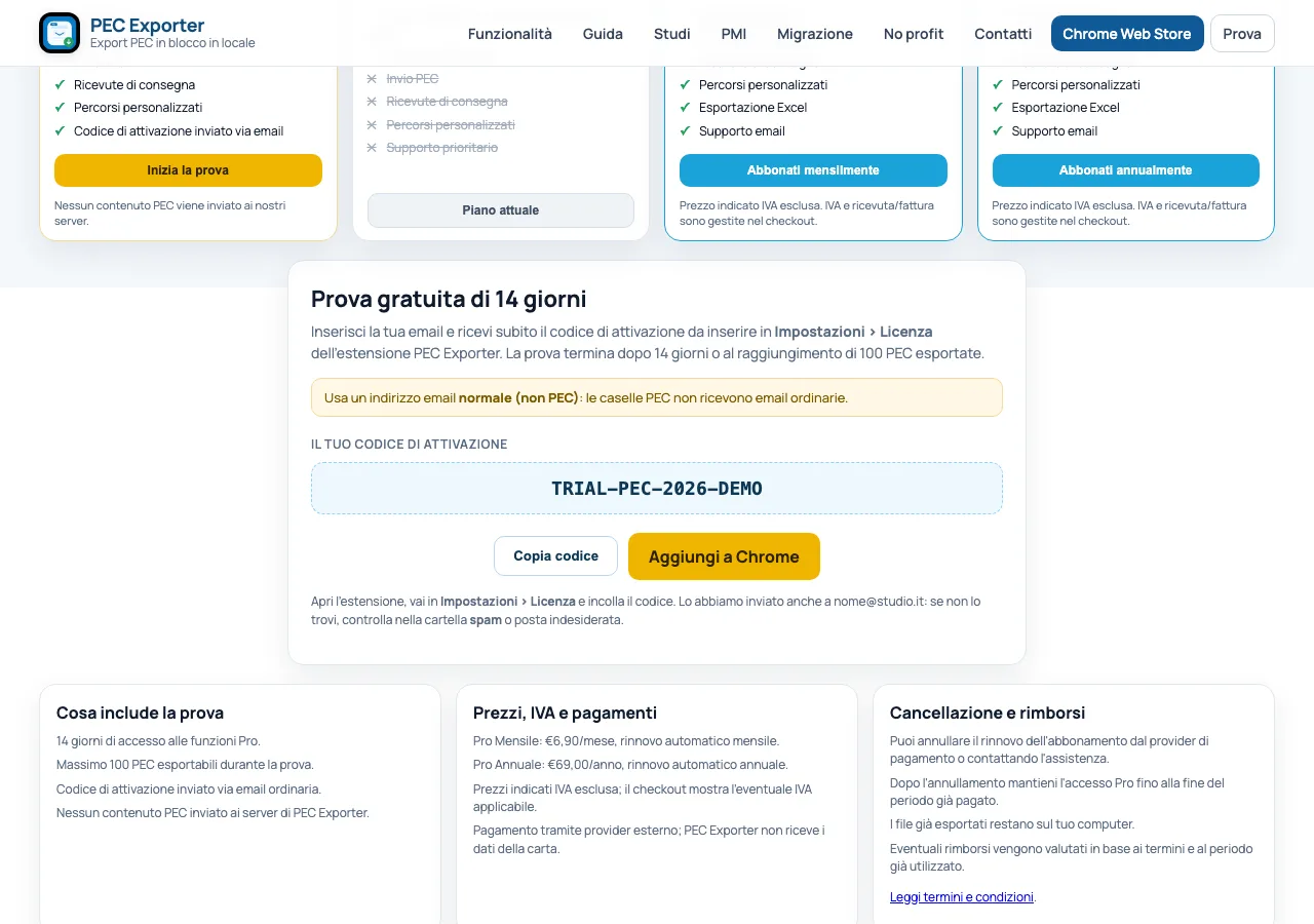 Pagina Prova con codice di attivazione e pulsante Copia codice